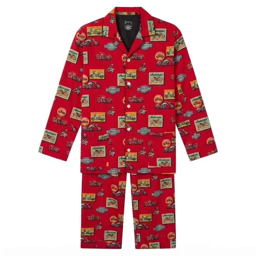 Nick & Nora Mens Red Vintage Motorcycle Graphic Cotton Pajama Set Large - CJ